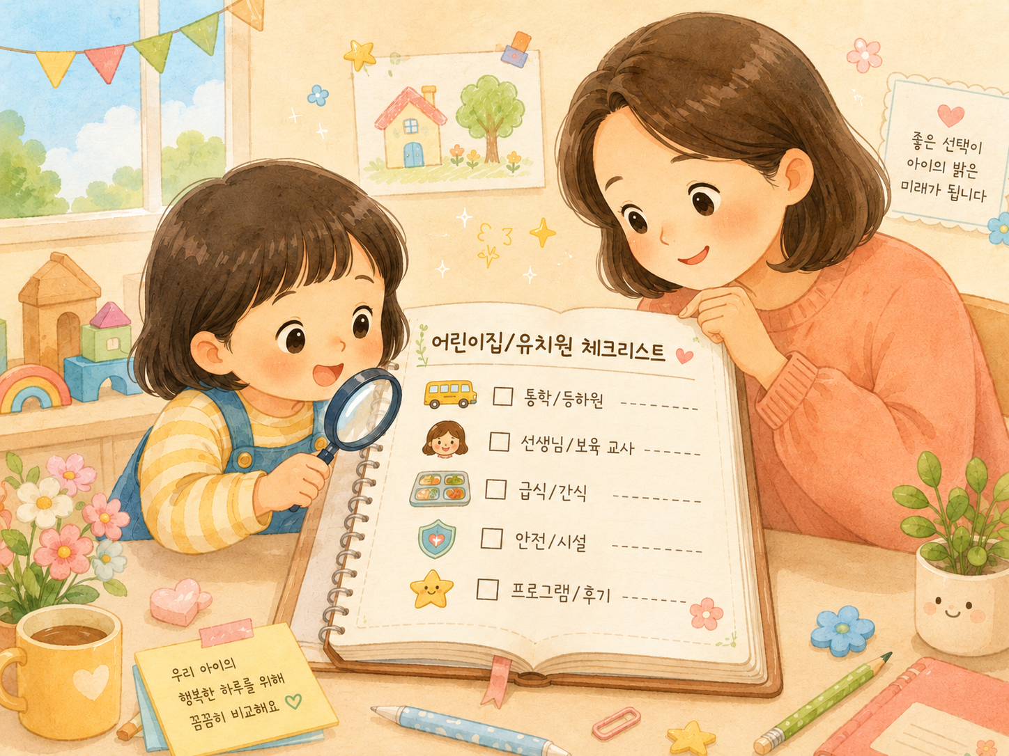 유치원 어린이집 방문 상담을 앞두고 확인사항을 정리하는 부모