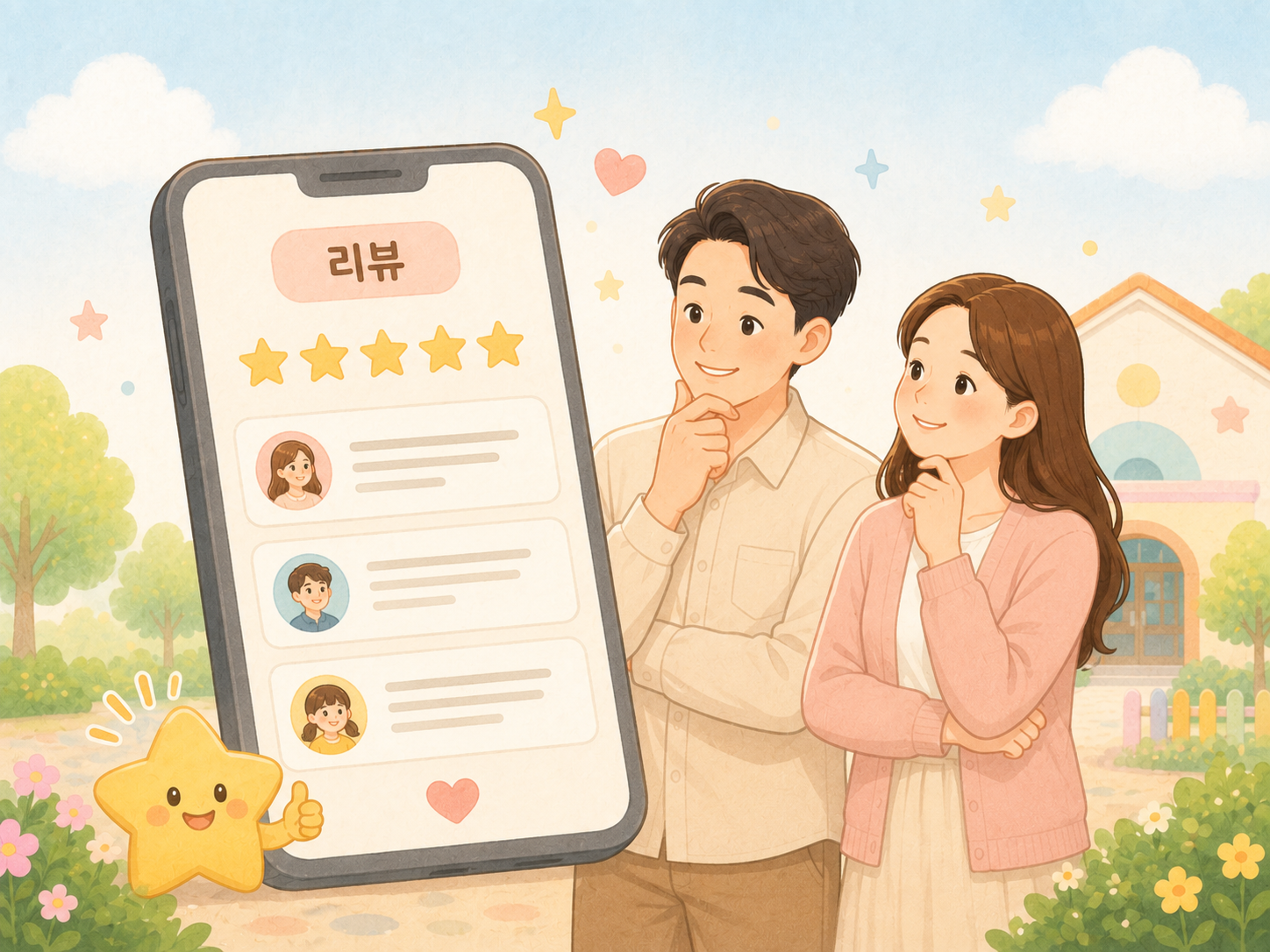 유치원 어린이집 선택을 위해 통원 거리 돌봄시간 하루 일과를 비교하는 부모