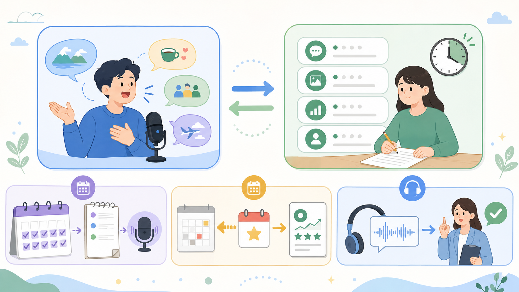 OPIc과 TOEIC Speaking 시험 방식과 특징을 비교하는 이미지